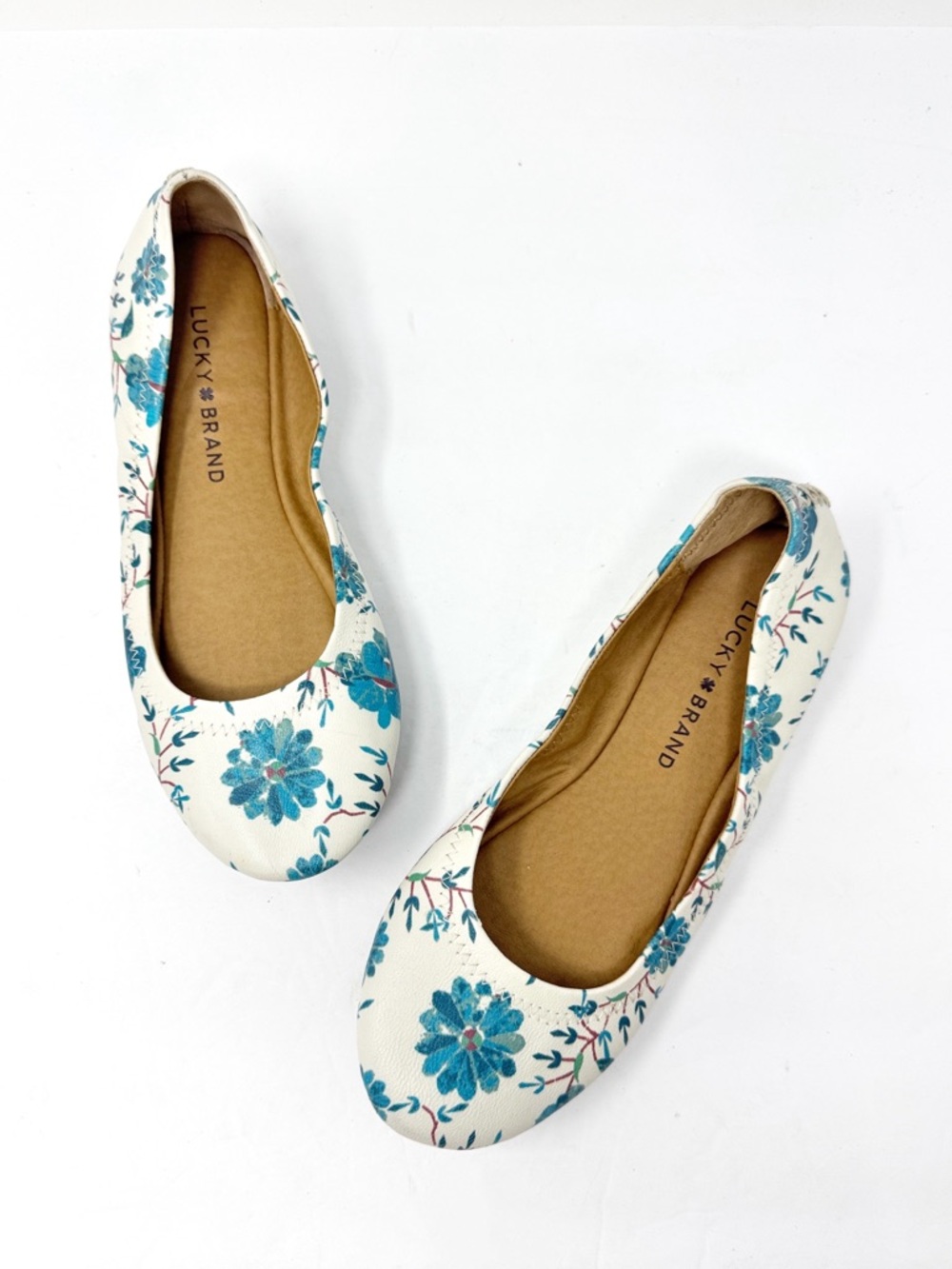 Lucky Brand Emie Leather Ballet Flats Floral Blue White Size 6